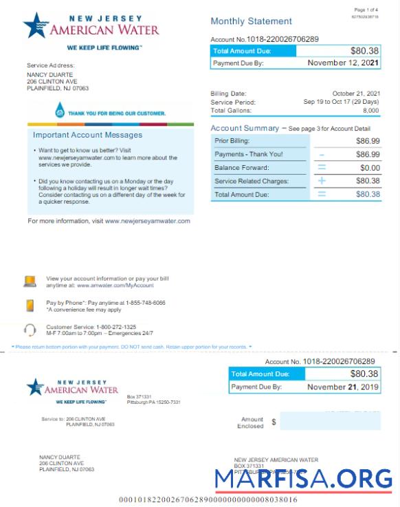 Printable USA NEW JERSEY AMERICAN WATER utility bill Word and PDF template